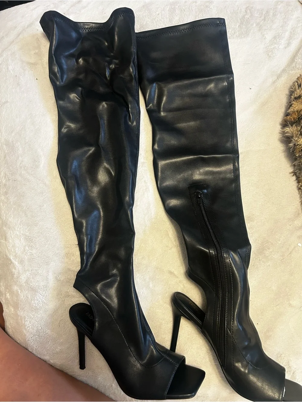 Fashion Nova Black Over-the-Knee Peep-Toe Stiletto Boots